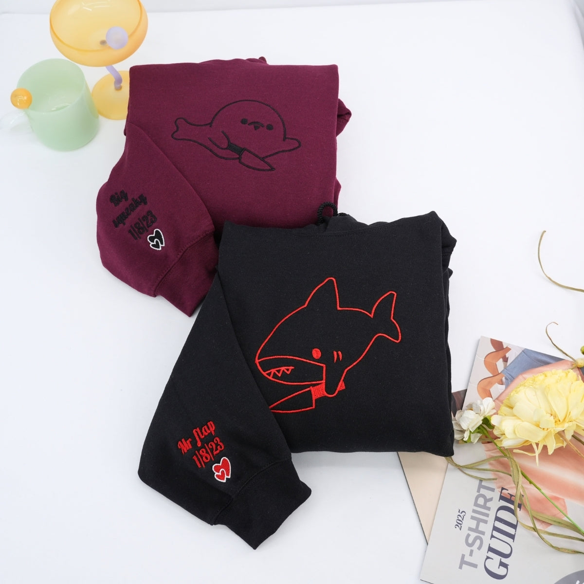 Custom Embroidered Cute Shark and Seal Matching Hoodies for Couples