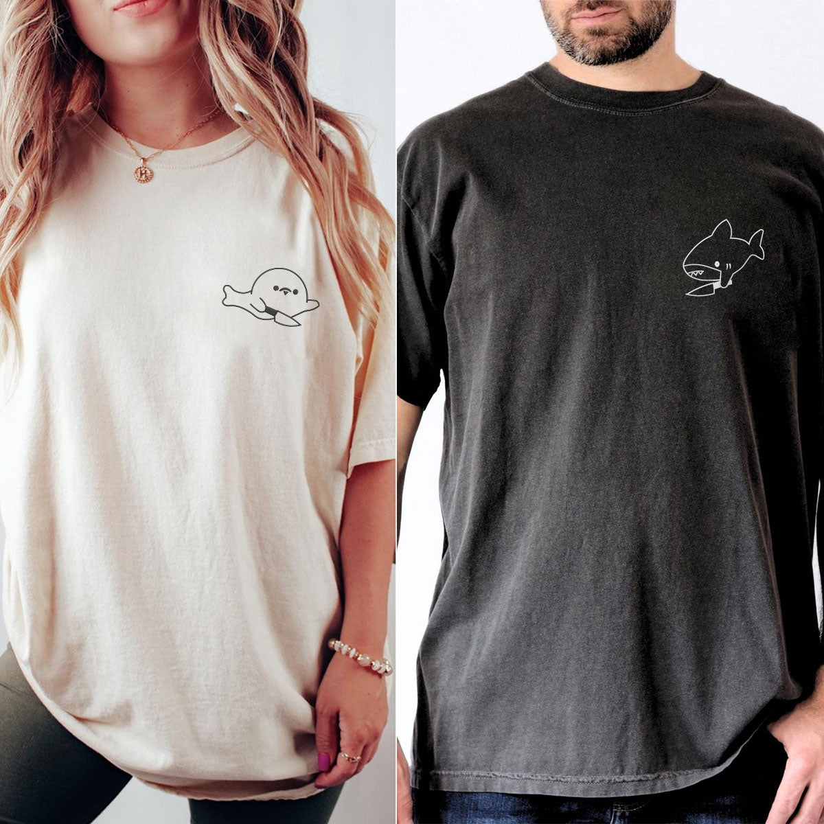 Custom Embroidered Cute Shark and Seal Matching T-shirts for Couples