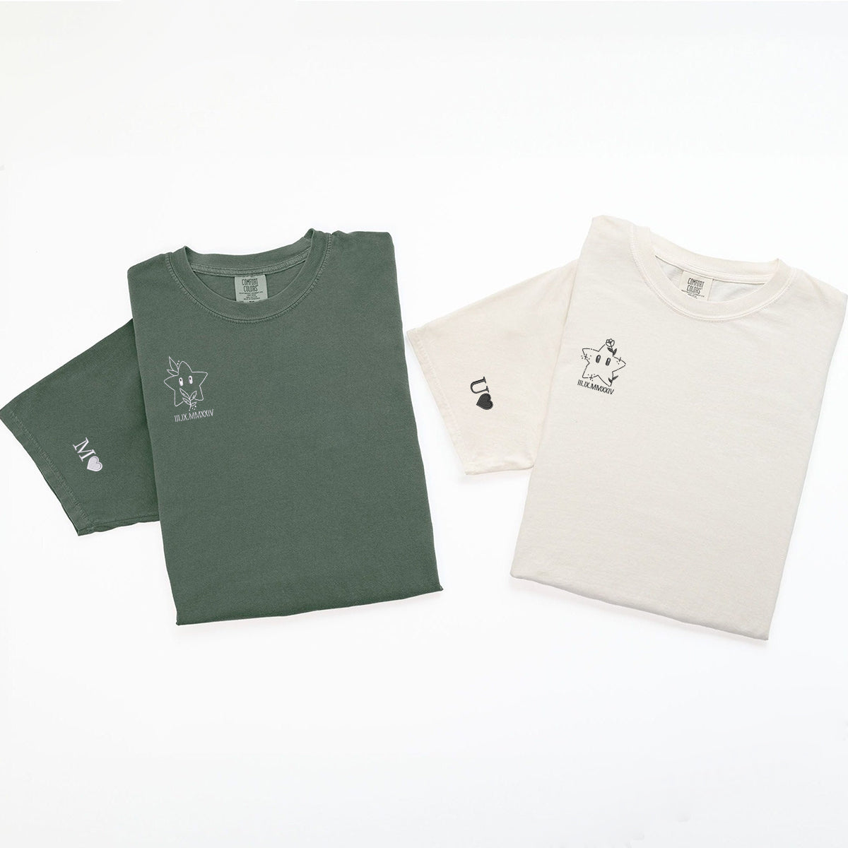 T-shirts personnalisés brodés avec des étoiles mignonnes et des chiffres romains pour couples