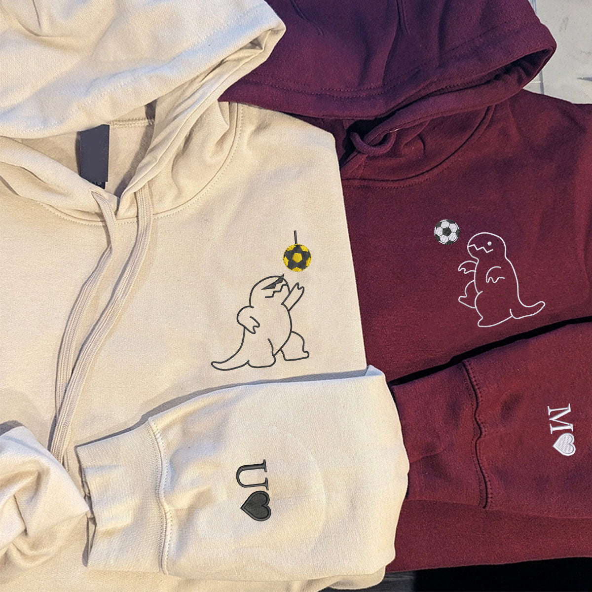 Custom Embroidered Dancing Dinosaur Matching Hoodies for Couples