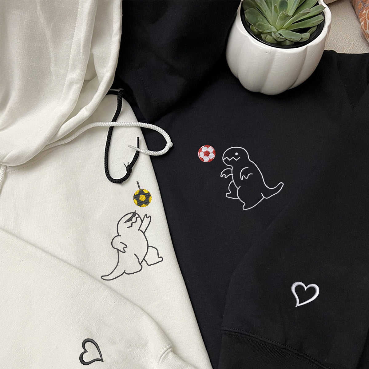 Custom Embroidered Dancing Dinosaur Matching Hoodies for Couples