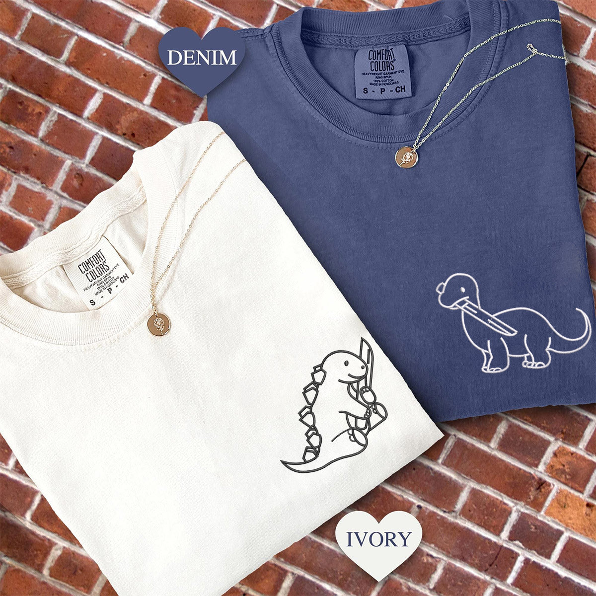 Custom Embroidered Dinosaur with Knife Matching T-shirts for Couples