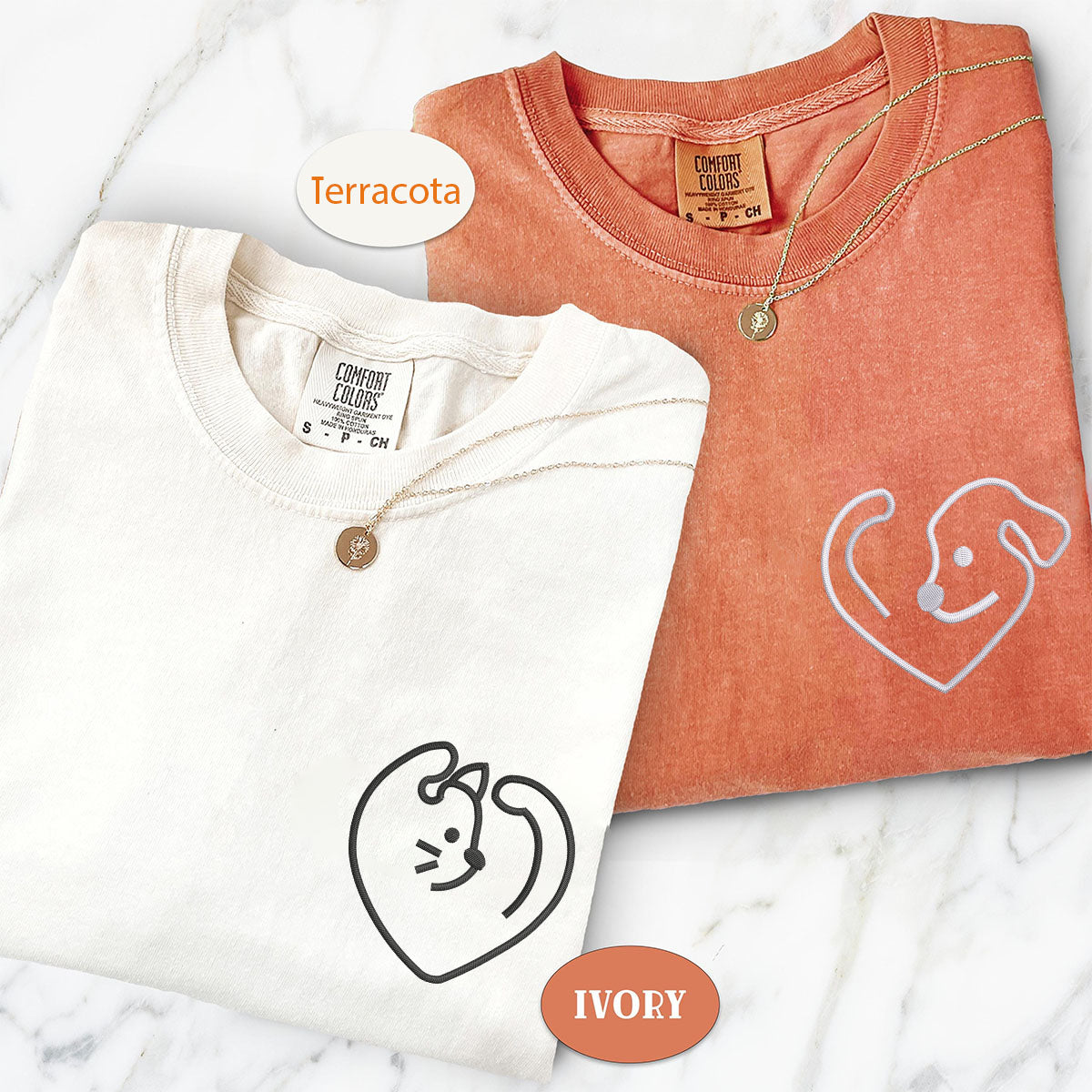 Custom Embroidered Dog & Cat Love Matching T-shirts for Couples