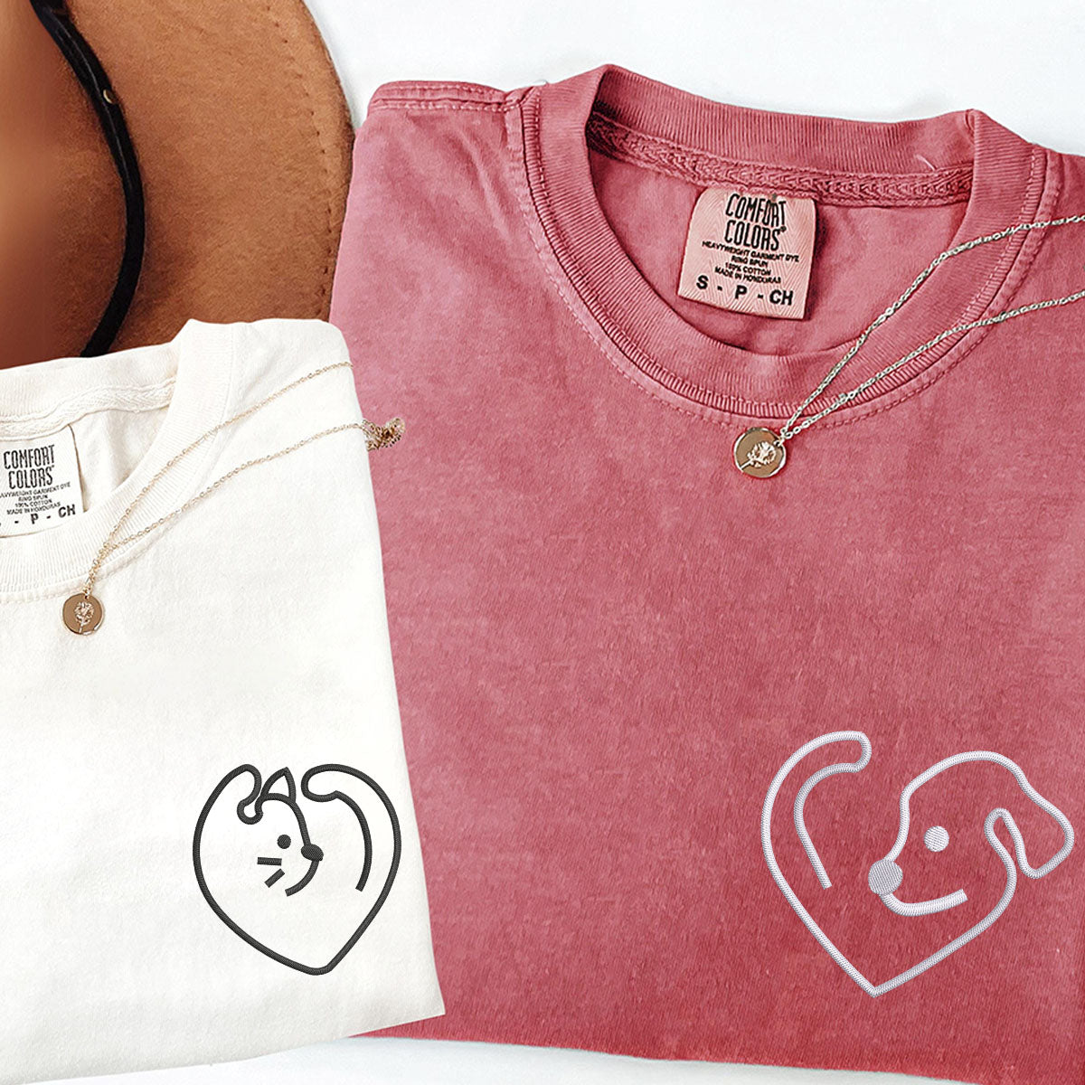 Custom Embroidered Dog & Cat Love Matching T-shirts for Couples