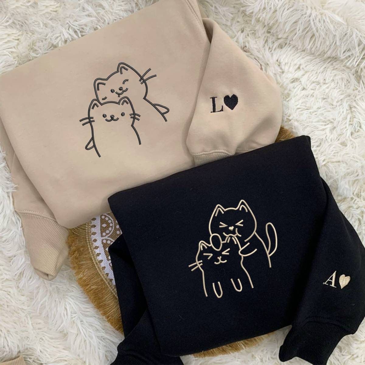 Individuell bestickte Doodle Cat Love Passende Hoodies für Paare