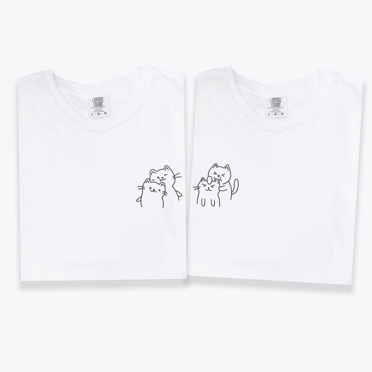 Custom Embroidered Doodle Cat Love Matching T-shirts for Couples