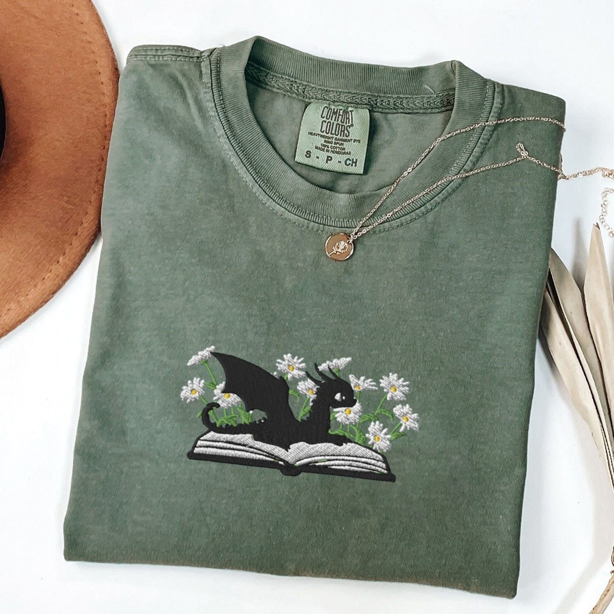 Custom Embroidered Dragon & Daisies Shirt - Cozy Fantasy Tee
