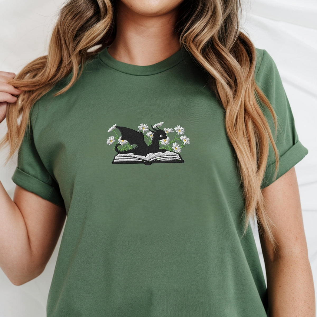 Custom Embroidered Dragon & Daisies Shirt - Cozy Fantasy Tee