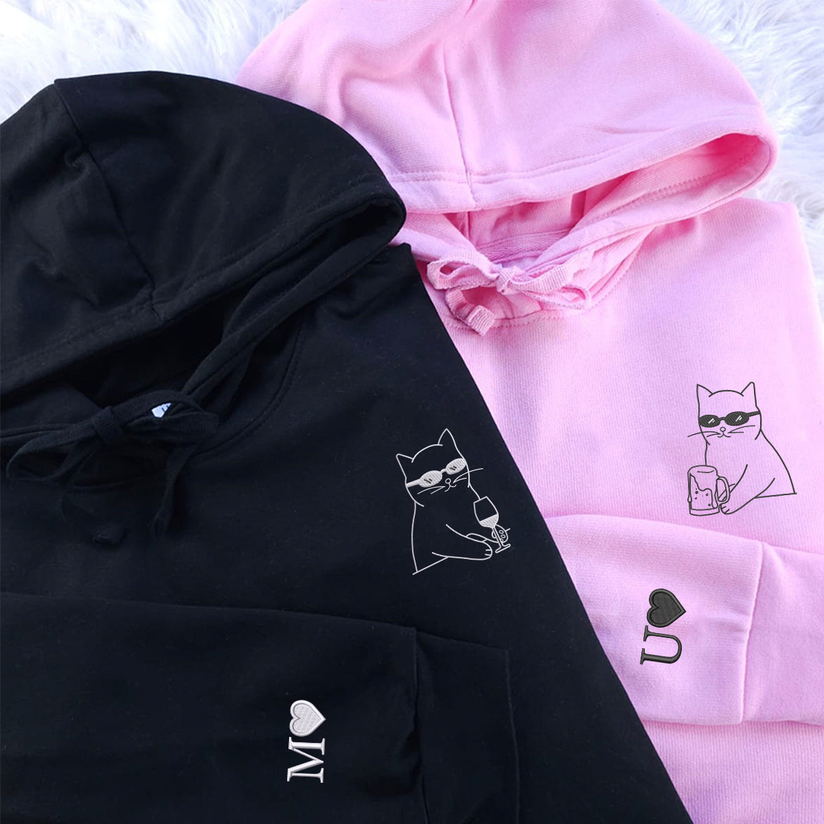 Sweats à capuche assortis brodés personnalisés avec ange et chat démon pour couples