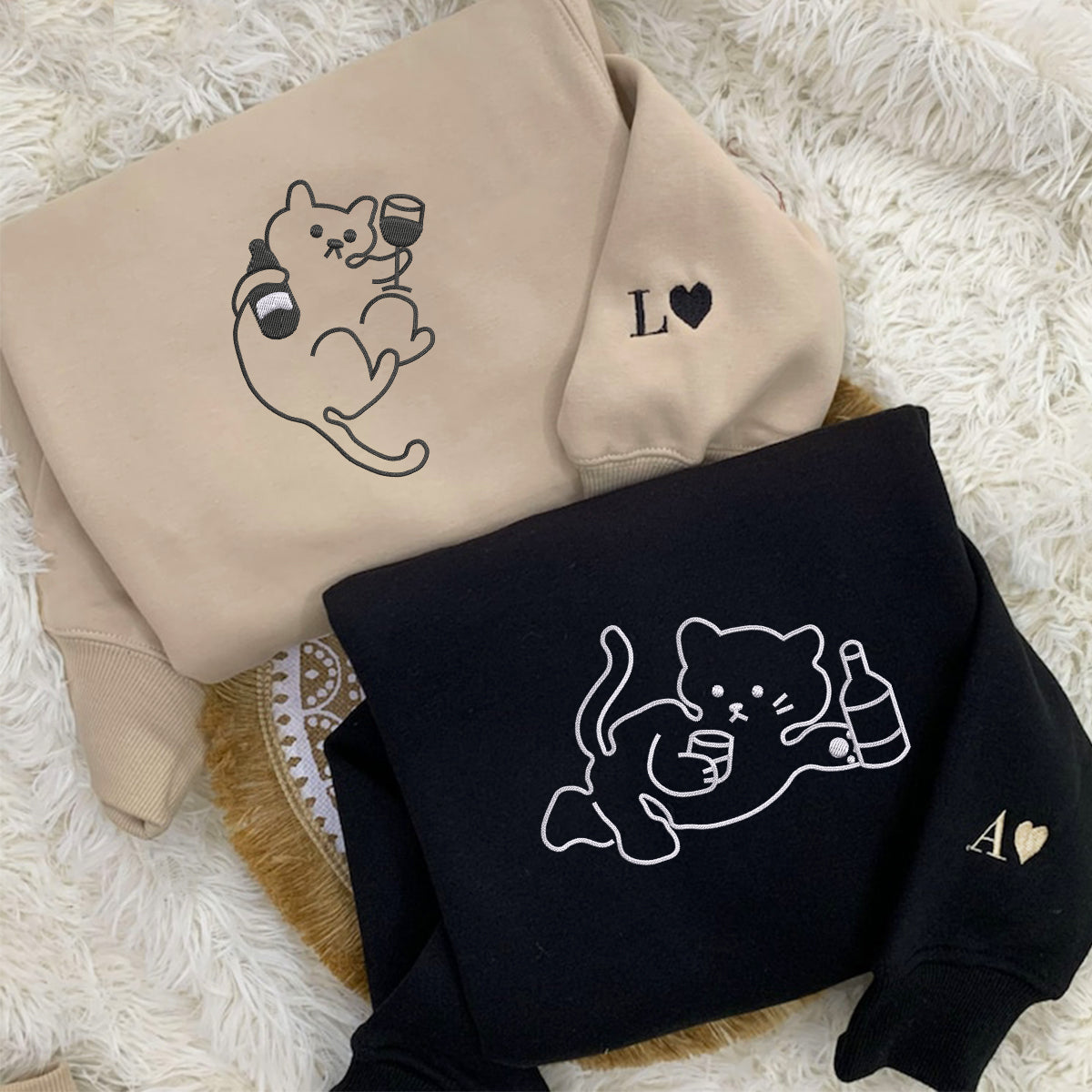 Sweats à capuche assortis brodés personnalisés pour couples, motif chat ivre