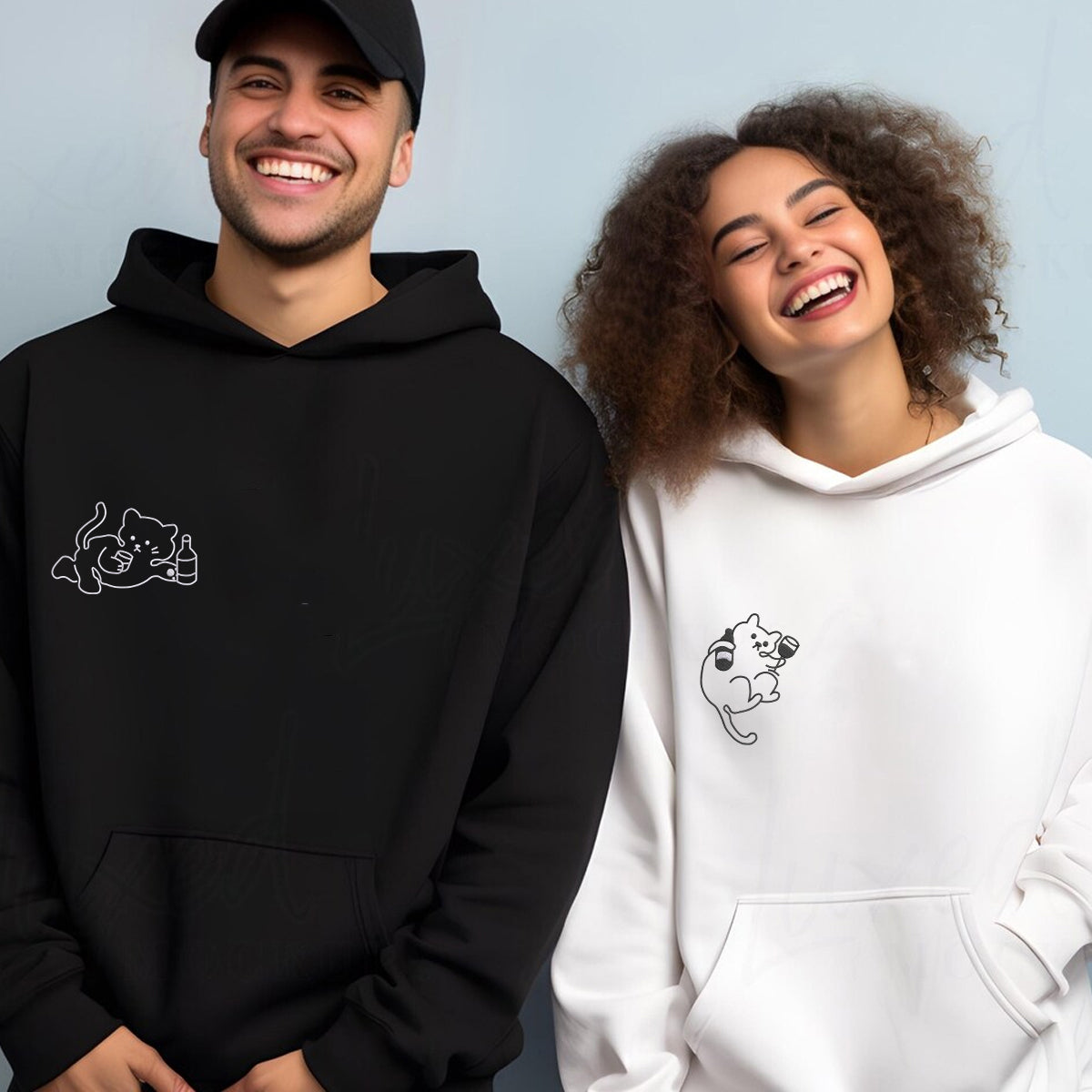 Sweats à capuche assortis brodés personnalisés pour couples, motif chat ivre