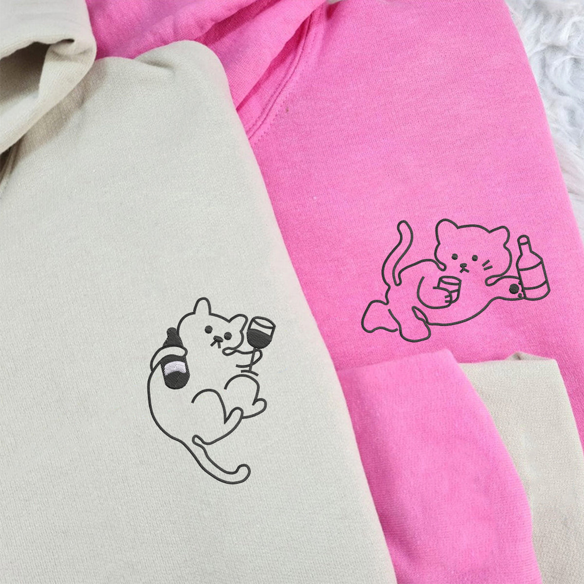 Sweats à capuche assortis brodés personnalisés pour couples, motif chat ivre