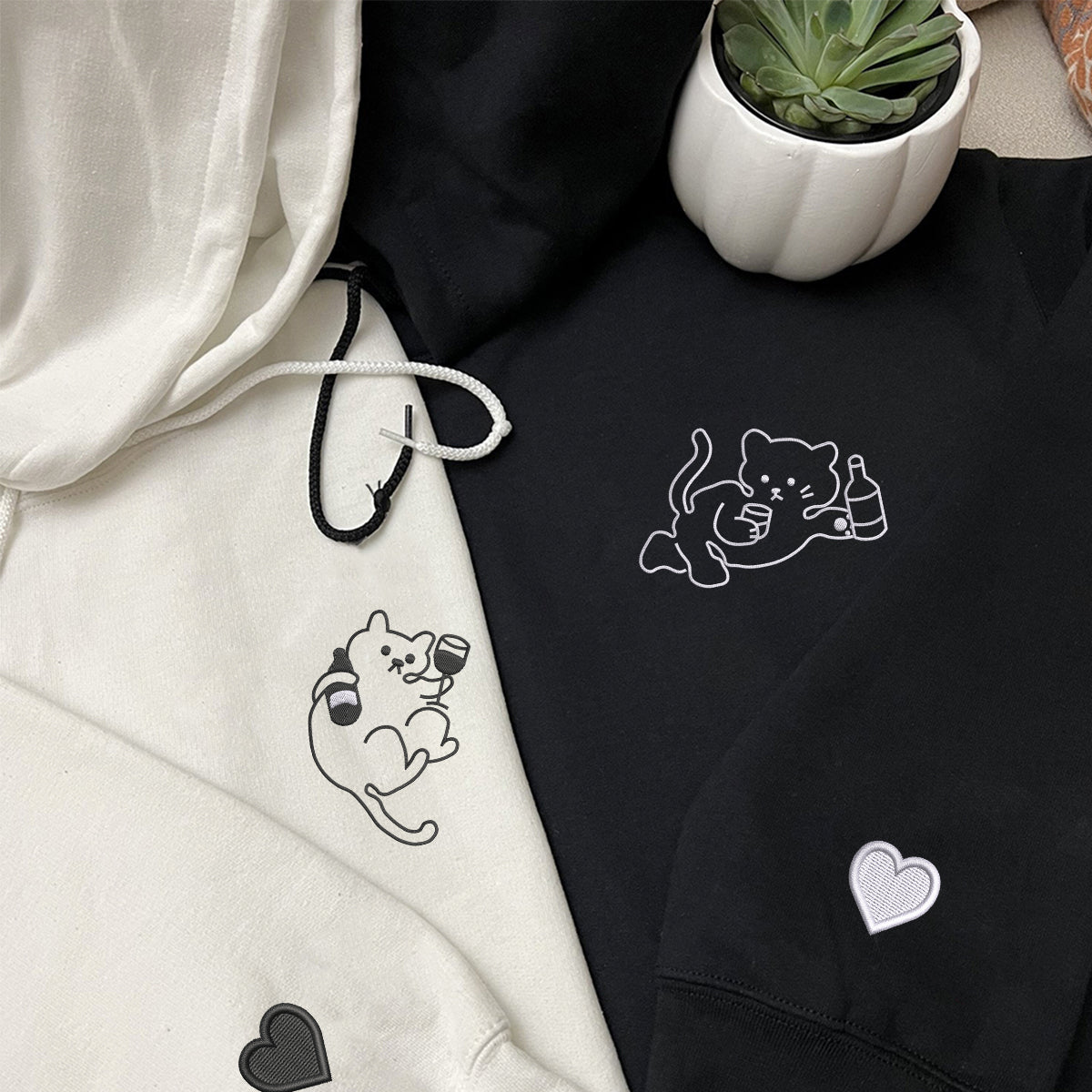 Sweats à capuche assortis brodés personnalisés pour couples, motif chat ivre