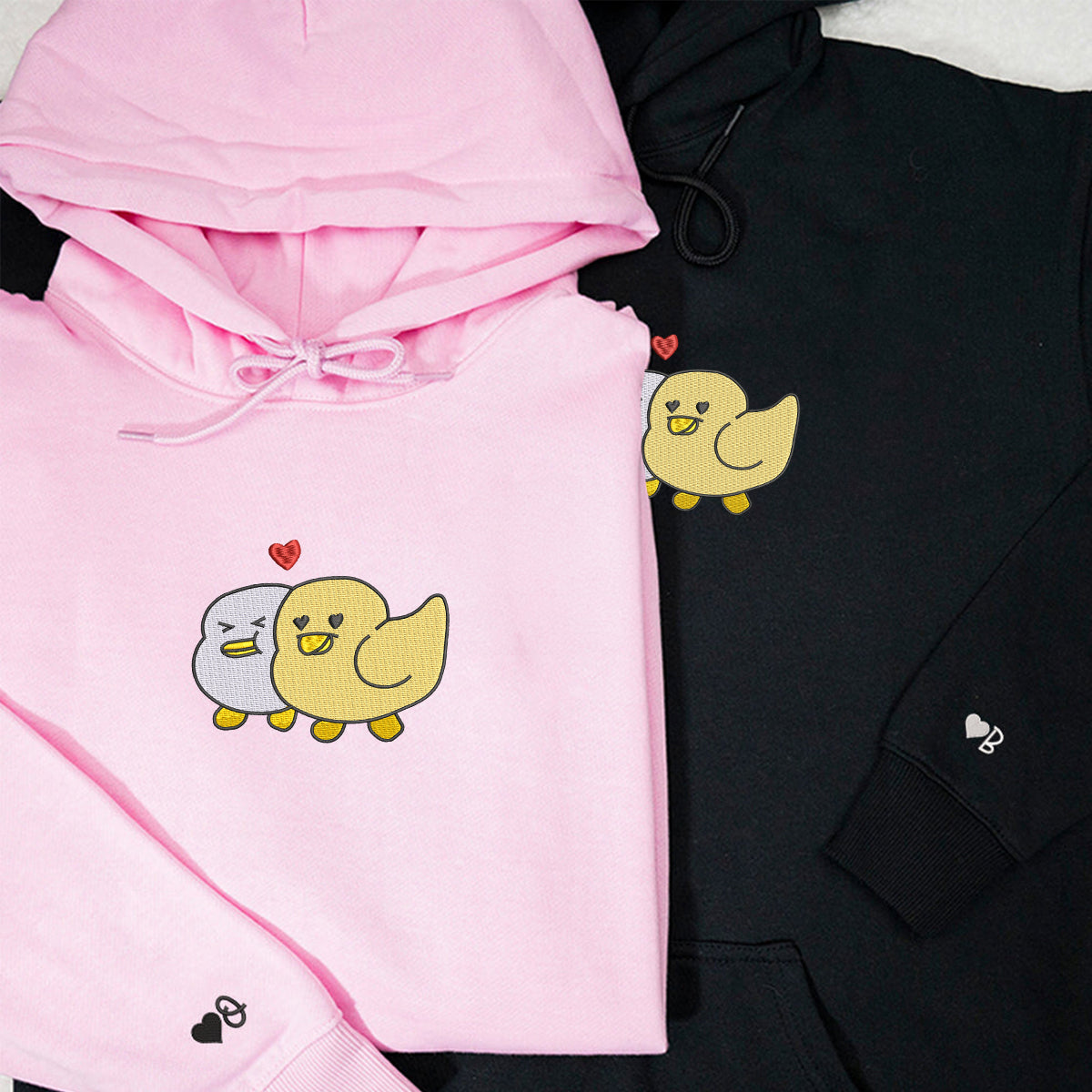 Sweats à capuche assortis brodés personnalisés « Duck Love » pour couples