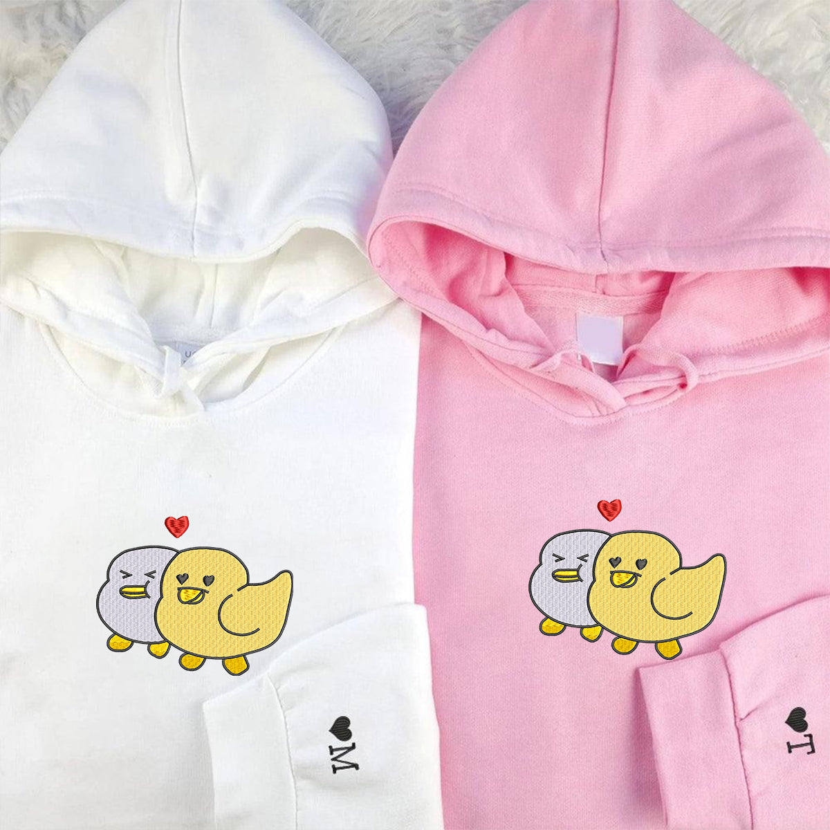 Sweats à capuche assortis brodés personnalisés « Duck Love » pour couples