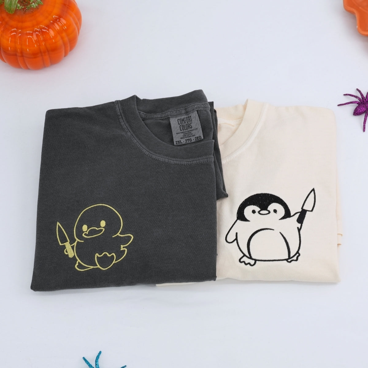 Custom Embroidered Duck and Penguin with Knife Matching T-shirts for Couples