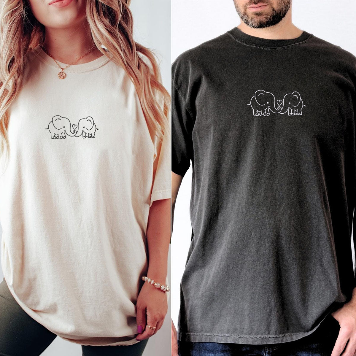 Custom Embroidered Elephant Love Matching T-shirts for Couples