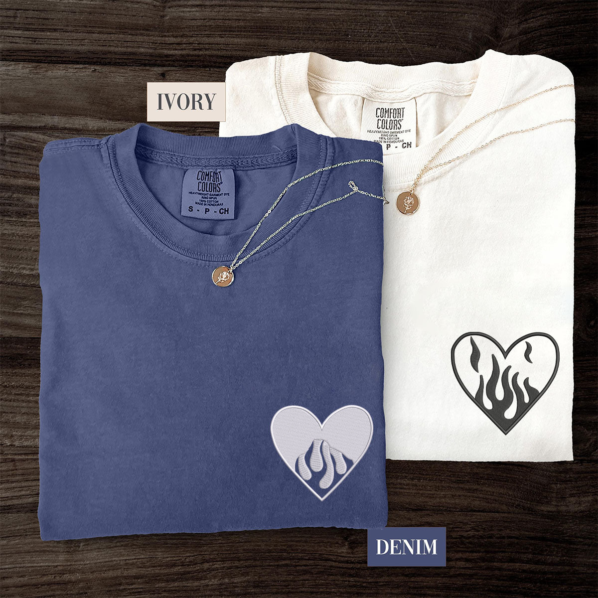 Custom Embroidered Fire Heart Matching T-shirts for Couples