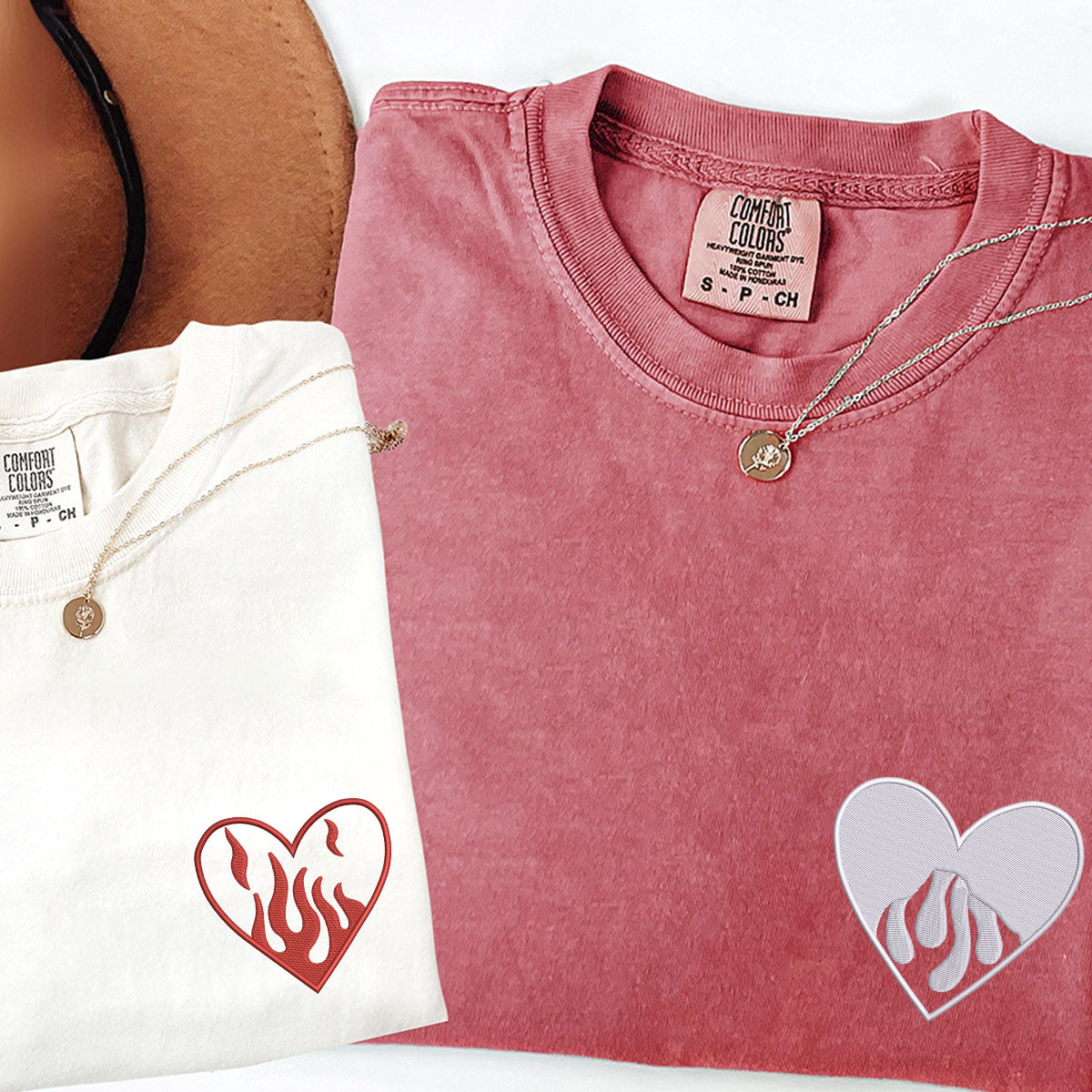 Custom Embroidered Fire Heart Matching T-shirts for Couples