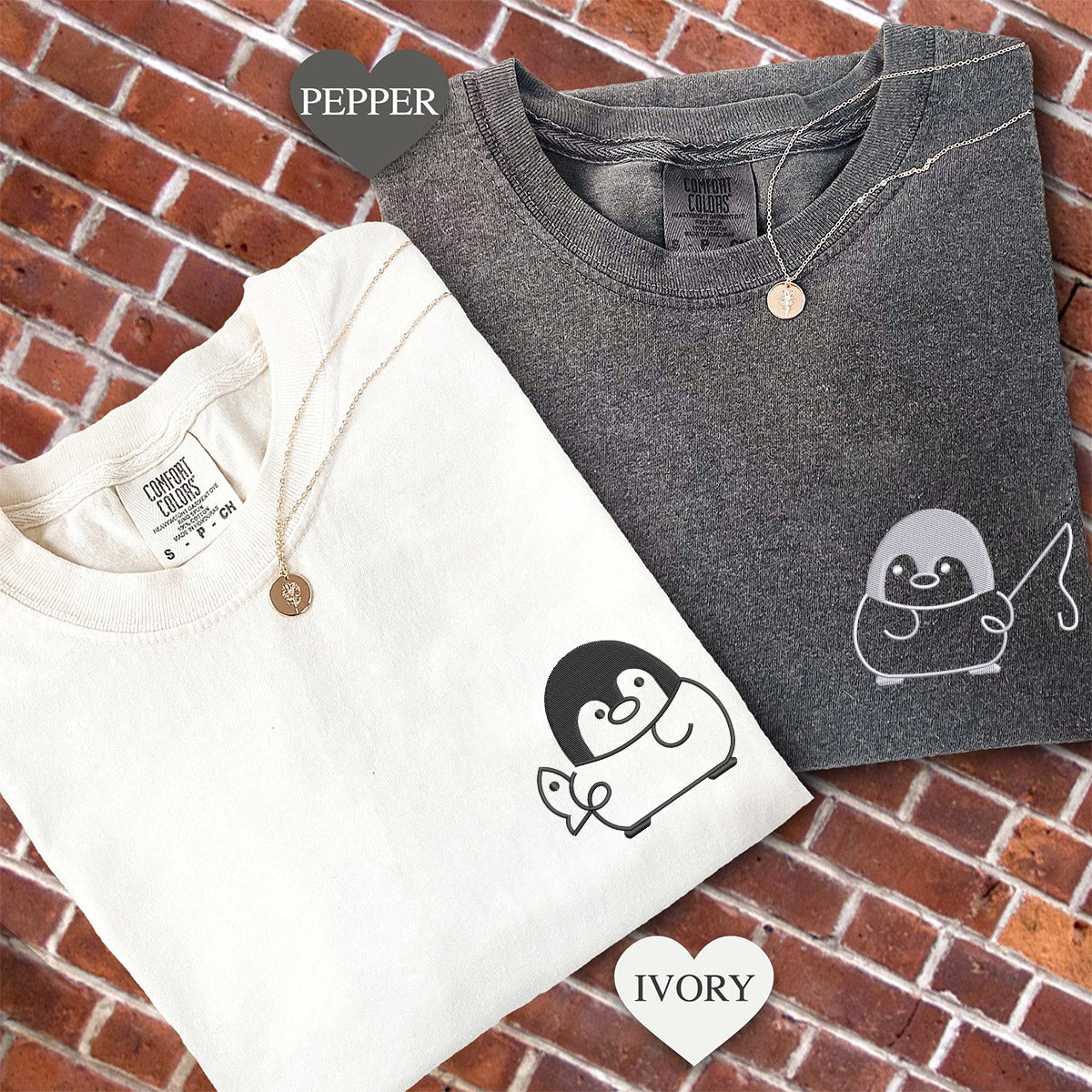 T-shirts assortis brodés personnalisés avec motif pingouin pêcheur pour couples