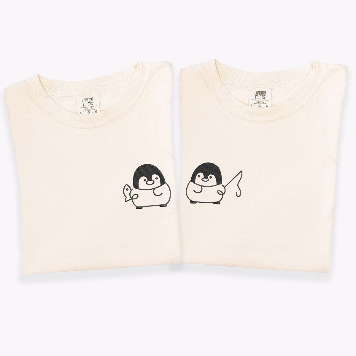 T-shirts assortis brodés personnalisés avec motif pingouin pêcheur pour couples