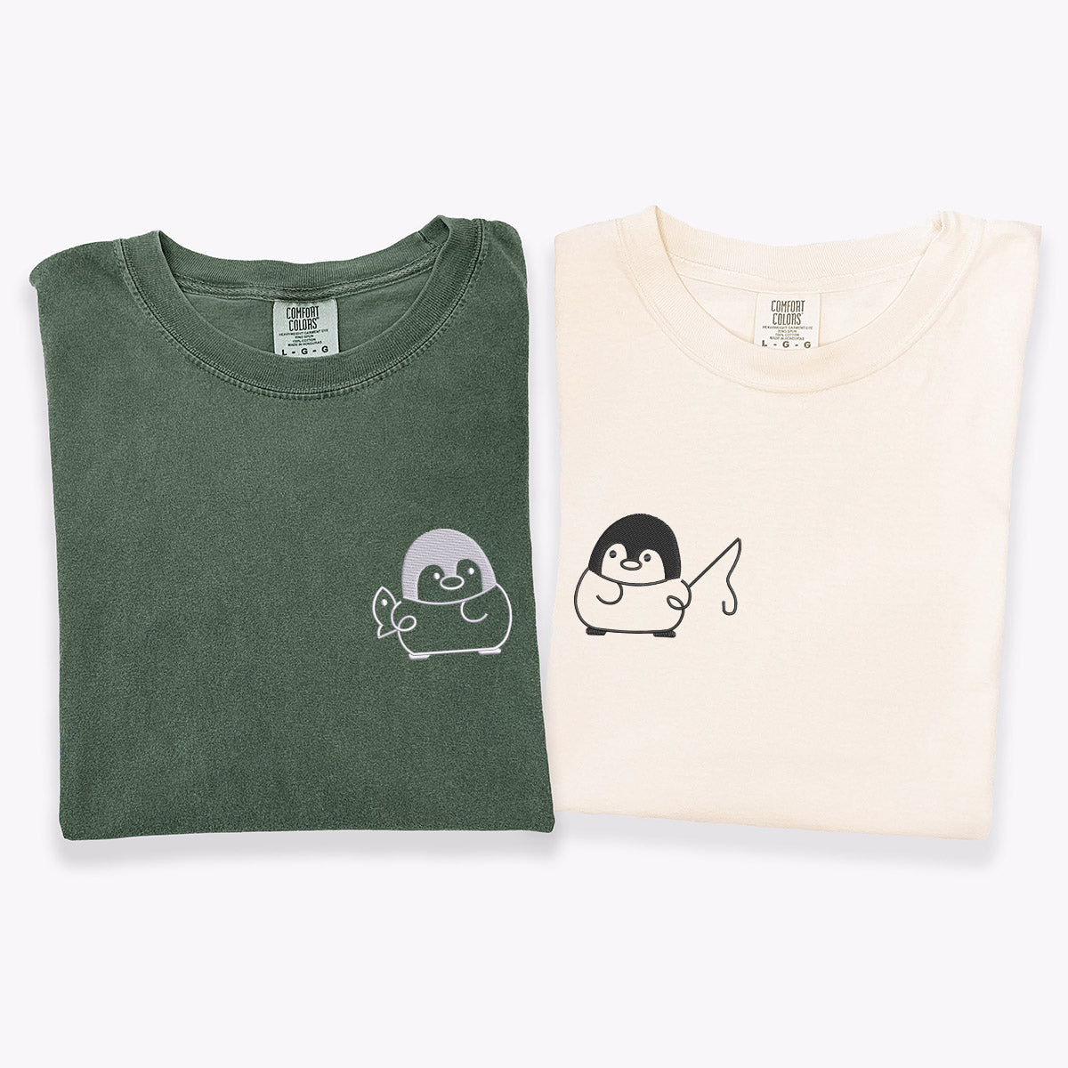 T-shirts assortis brodés personnalisés avec motif pingouin pêcheur pour couples