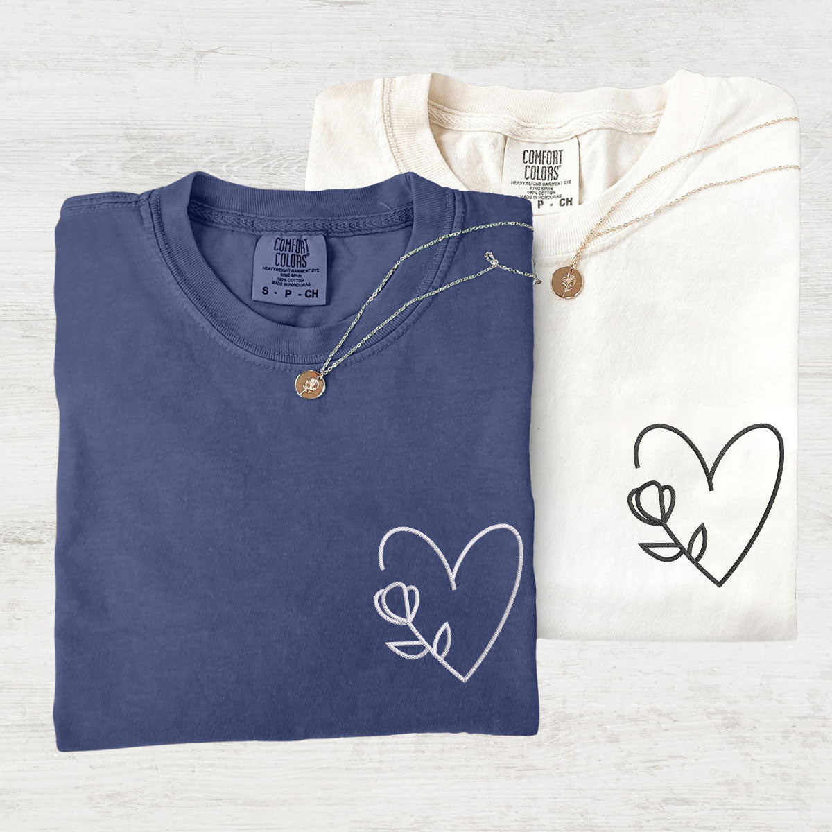 Custom Embroidered Flower Heart Matching T-shirts for Couples