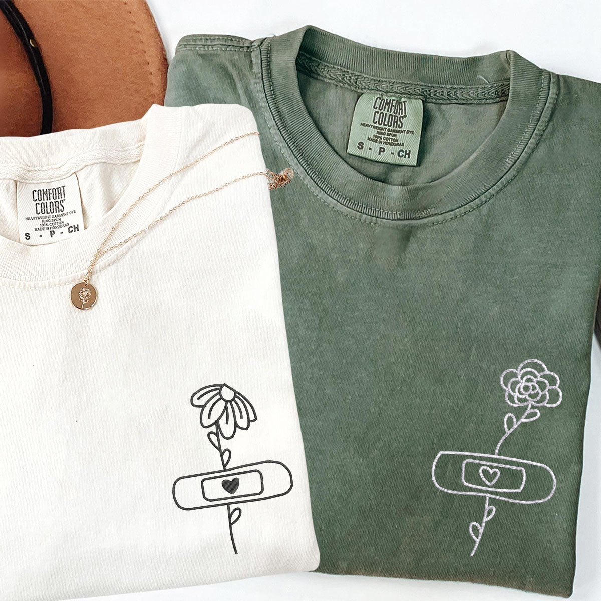 Custom Embroidered Flower with Bandaid Matching T-shirts for Couples