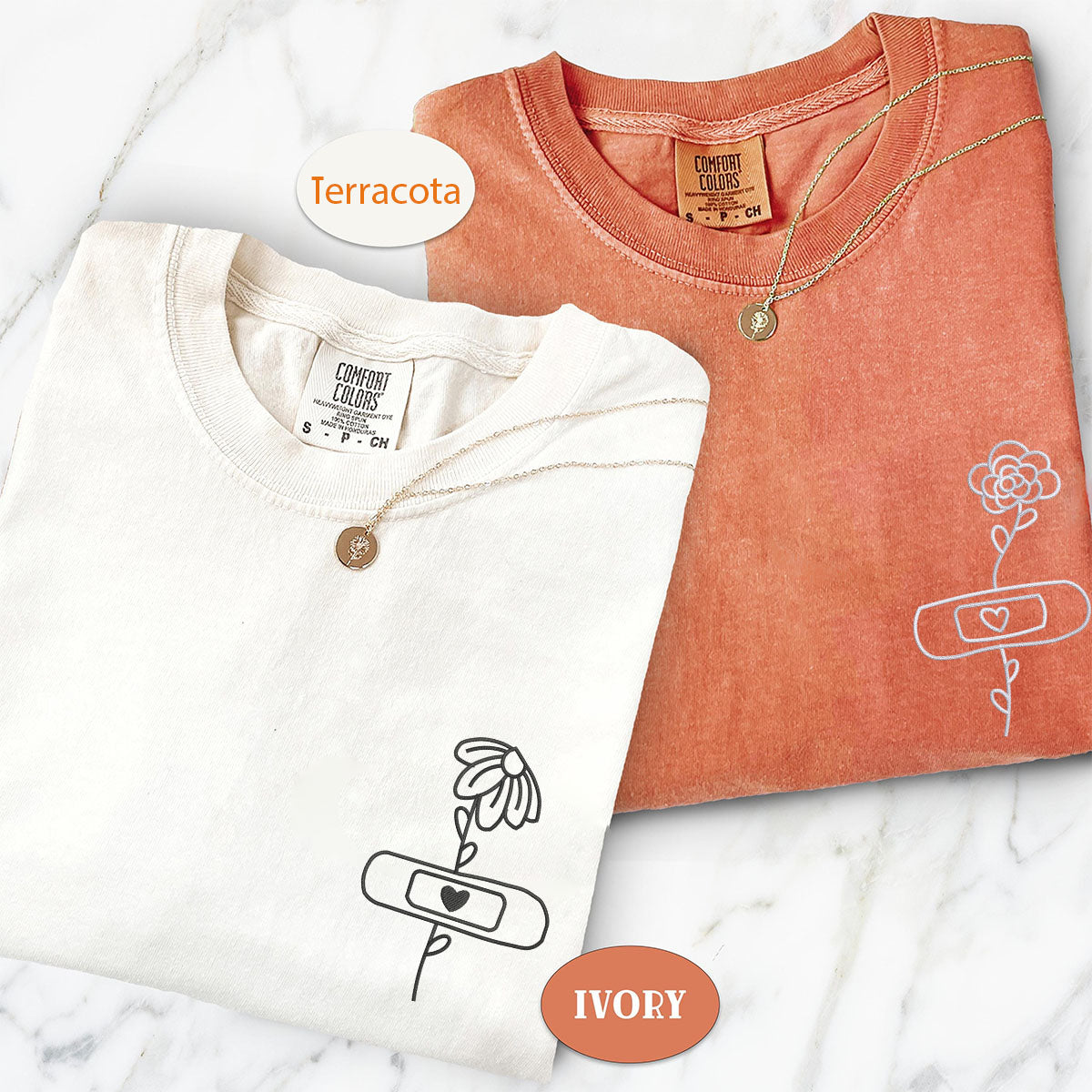 Custom Embroidered Flower with Bandaid Matching T-shirts for Couples