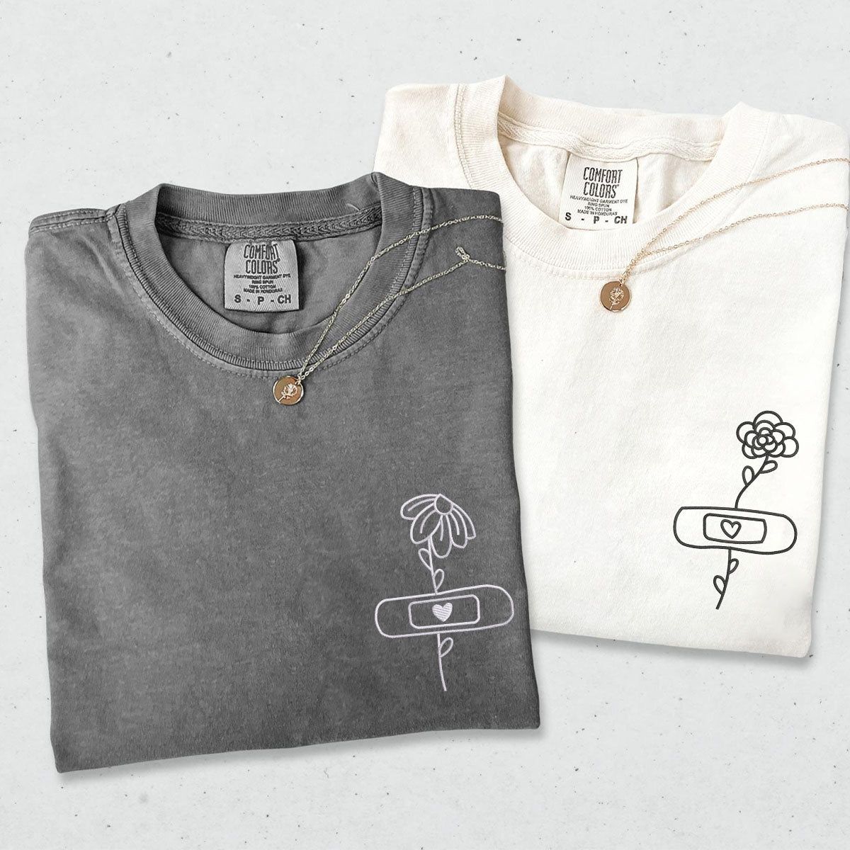 Custom Embroidered Flower with Bandaid Matching T-shirts for Couples