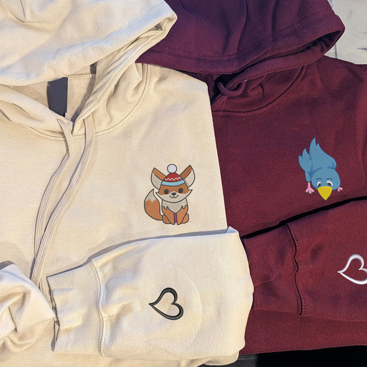 Custom Embroidered Fox and Bird Matching Hoodies for Couples