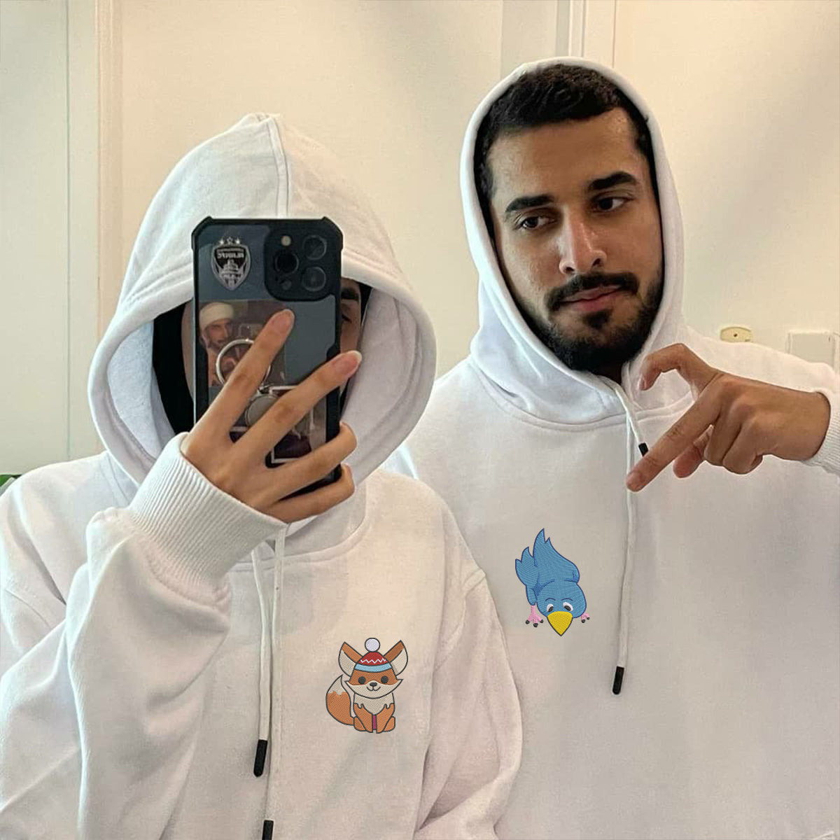 Custom Embroidered Fox and Bird Matching Hoodies for Couples