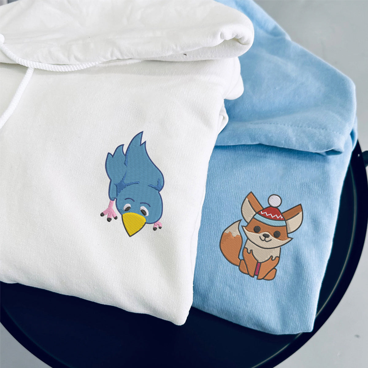 Custom Embroidered Fox and Bird Matching Hoodies for Couples