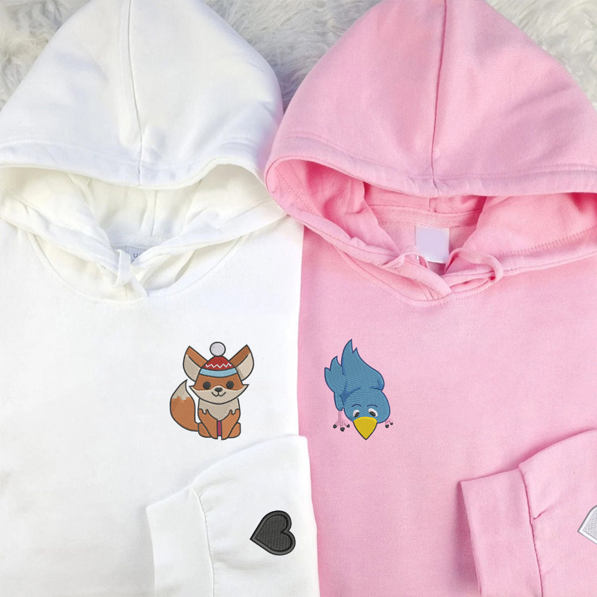 Sweats à capuche assortis brodés personnalisés avec renard et oiseau pour couples