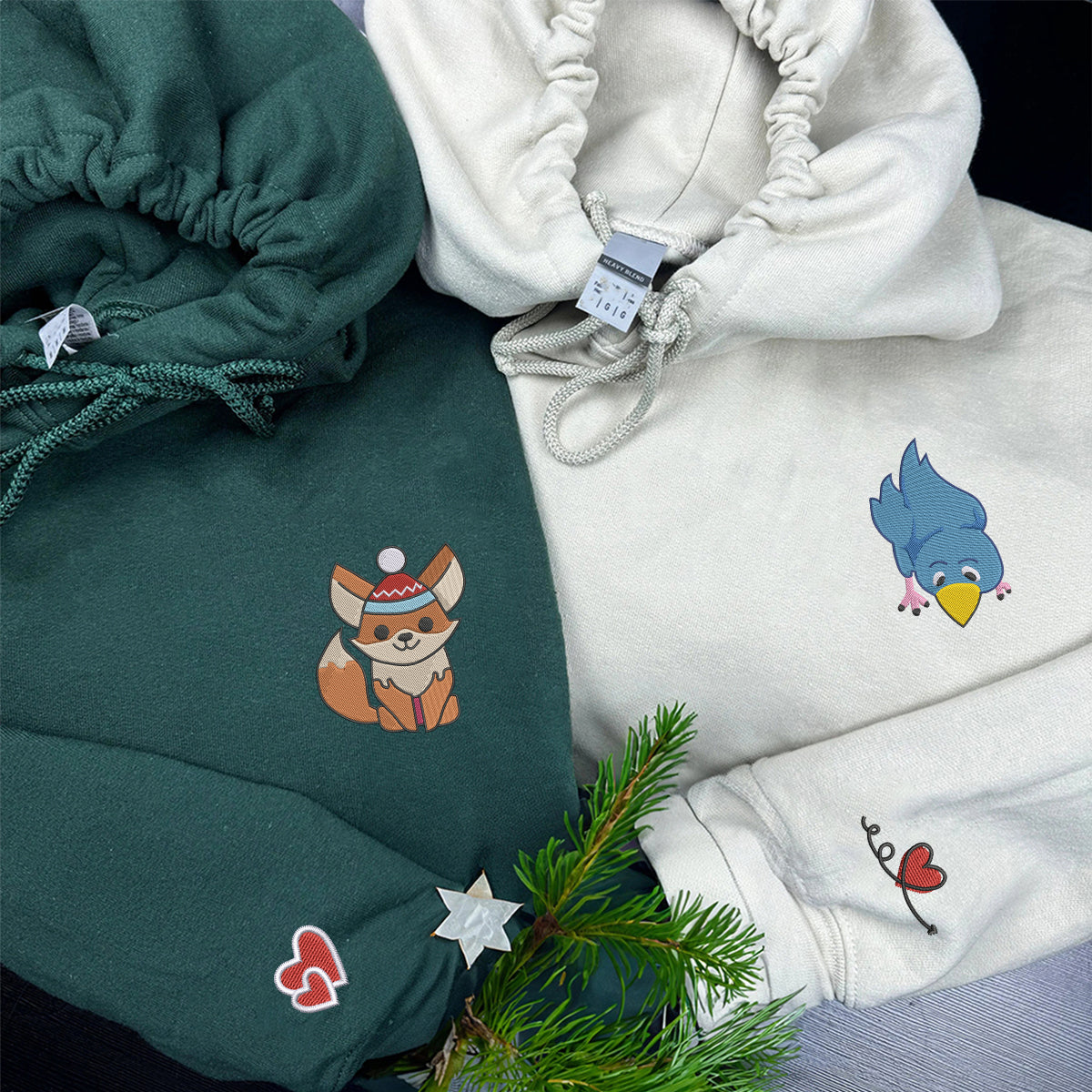 Sweats à capuche assortis brodés personnalisés avec renard et oiseau pour couples