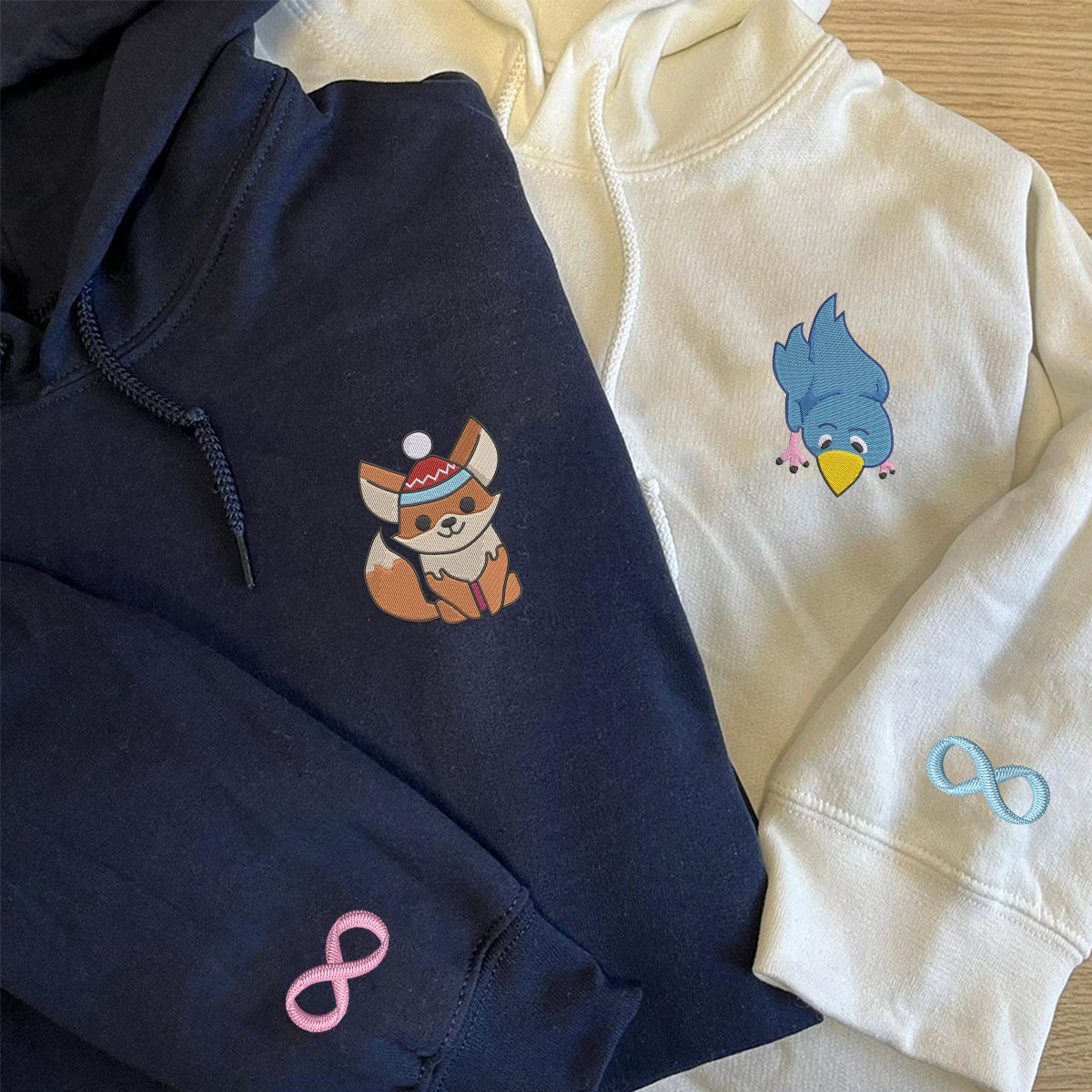 Custom Embroidered Fox and Bird Matching Hoodies for Couples