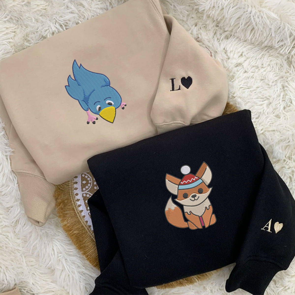 Custom Embroidered Fox and Bird Matching Hoodies for Couples