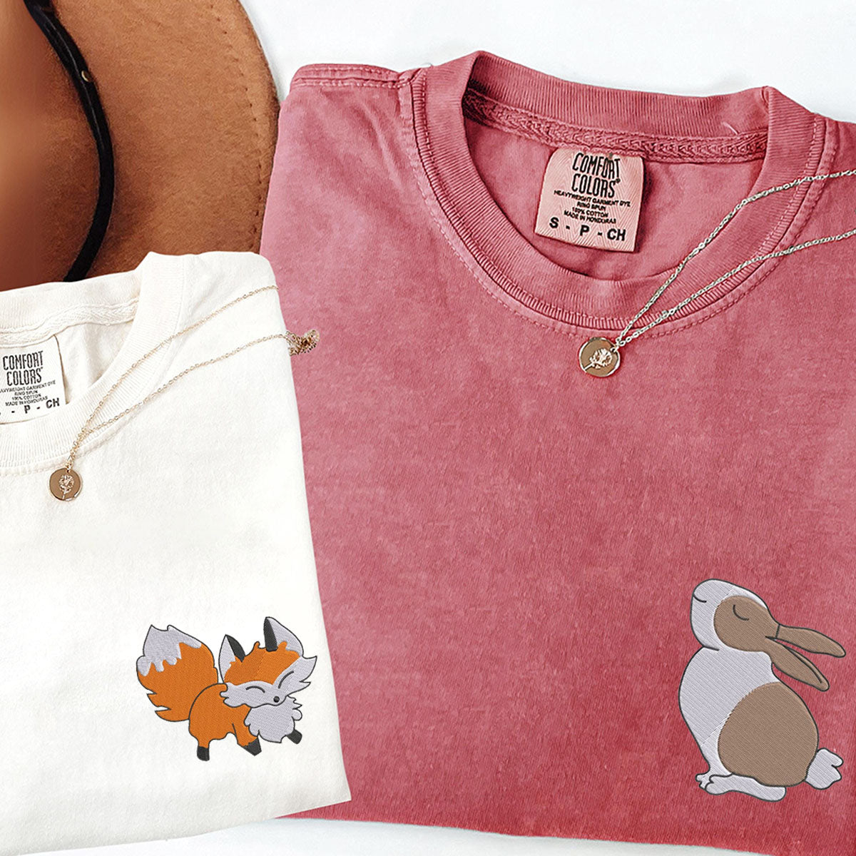 Custom Embroidered Fox and Rabbit Matching T-shirts for Couples