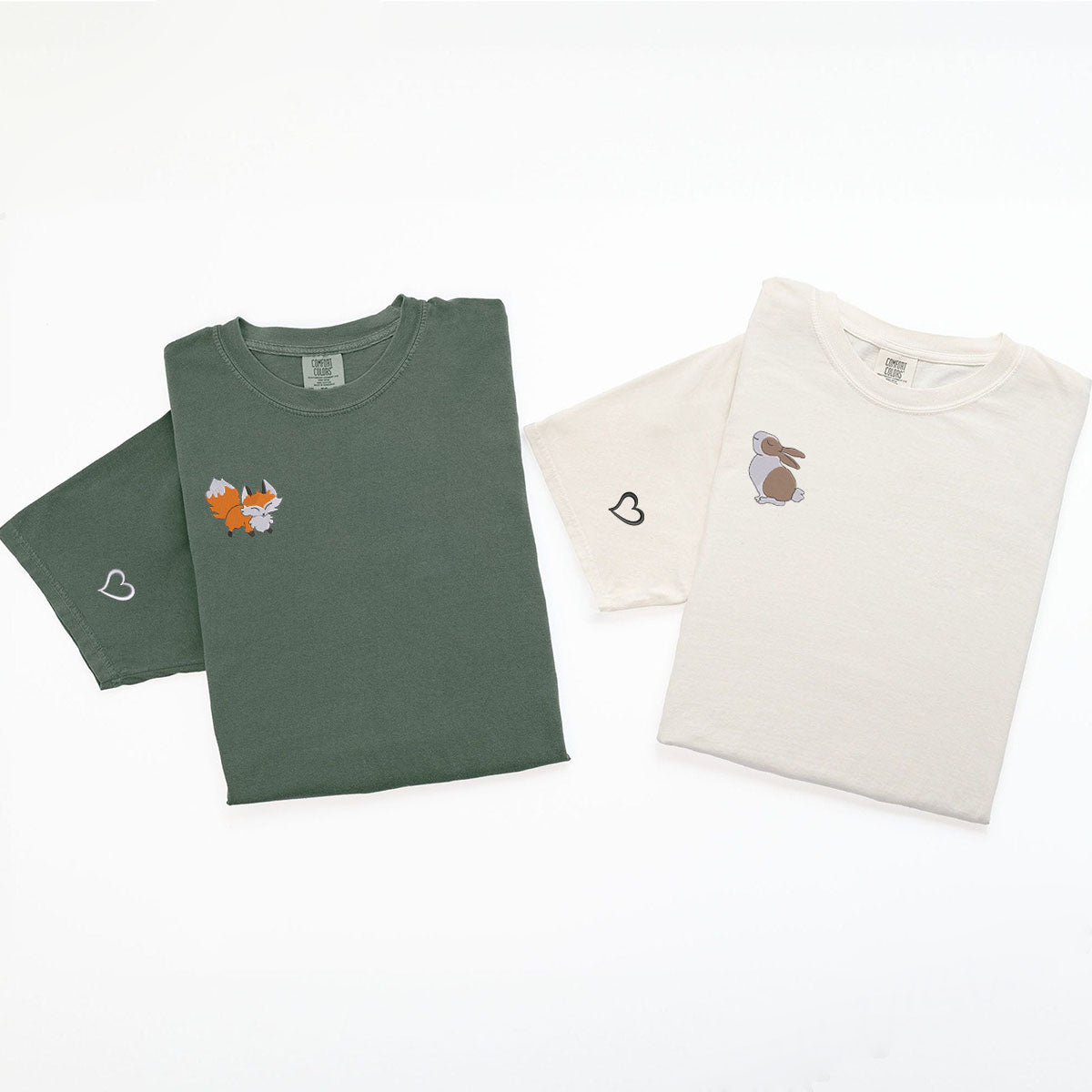 Custom Embroidered Fox and Rabbit Matching T-shirts for Couples