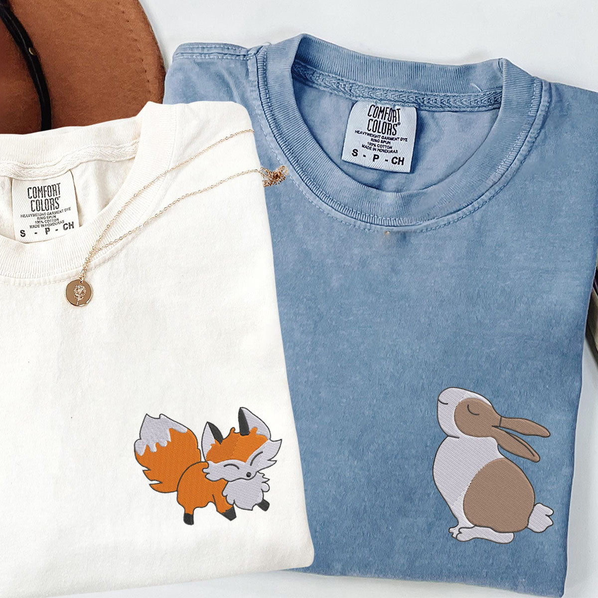 Custom Embroidered Fox and Rabbit Matching T-shirts for Couples