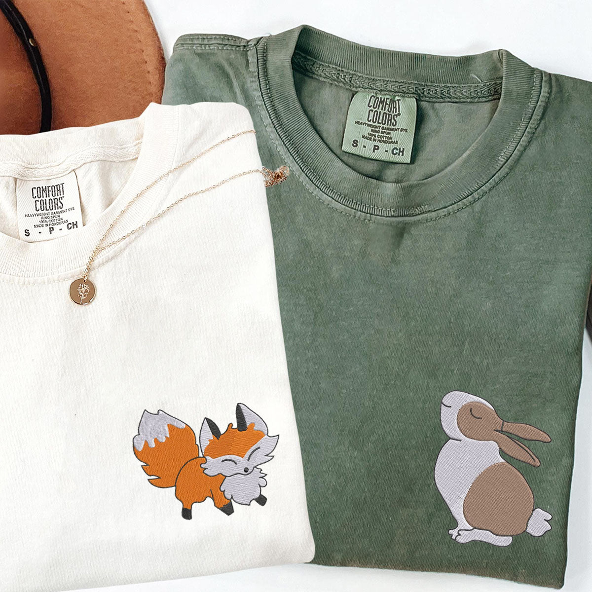 Custom Embroidered Fox and Rabbit Matching T-shirts for Couples