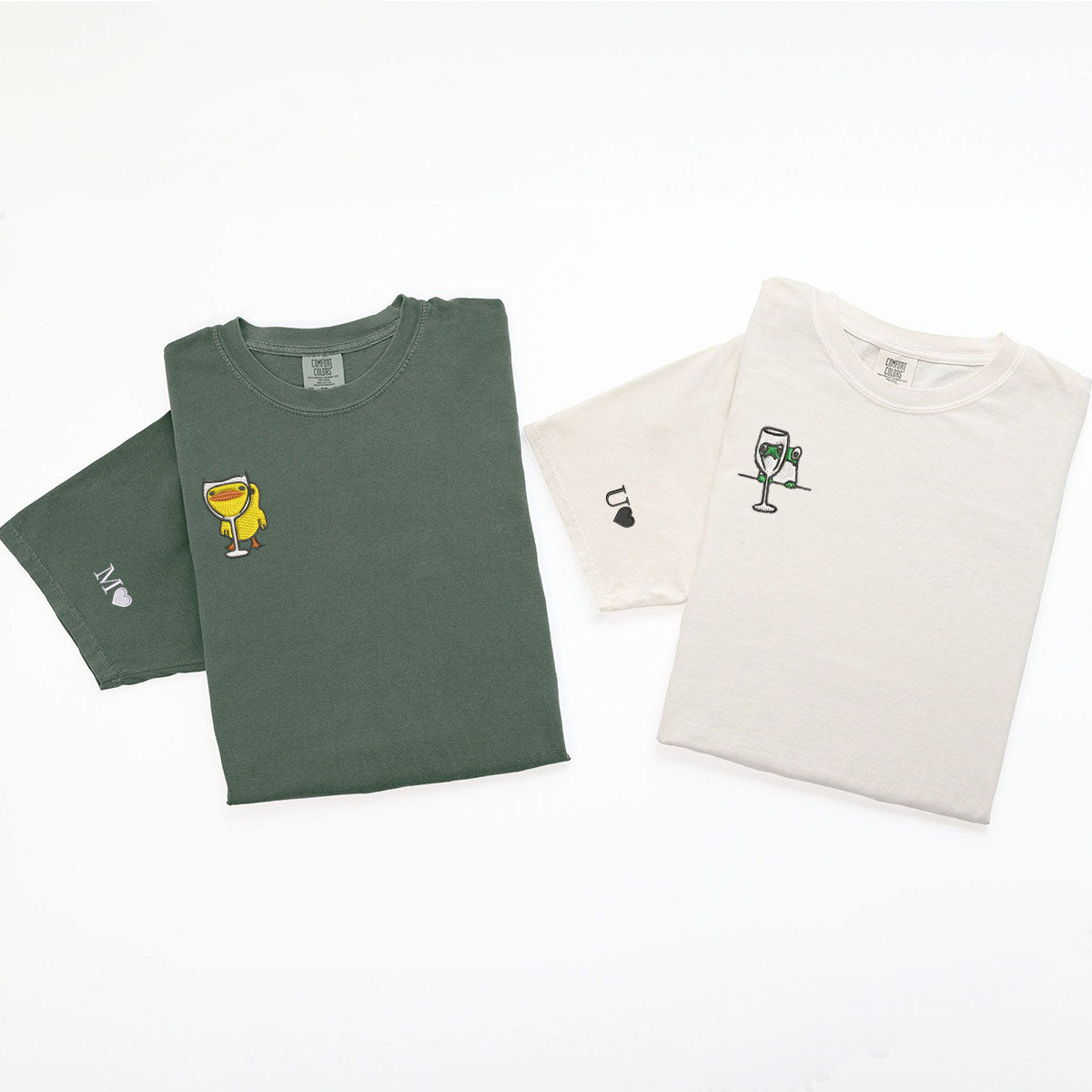 Custom Embroidered Frog and Duck Drinking Matching T-shirts for Couples