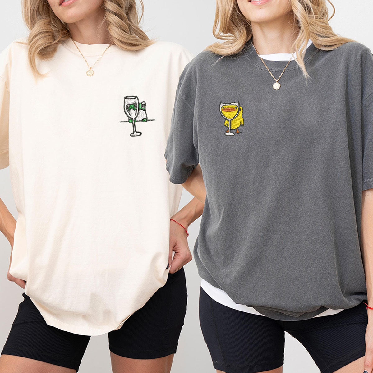 Custom Embroidered Frog and Duck Drinking Matching T-shirts for Couples