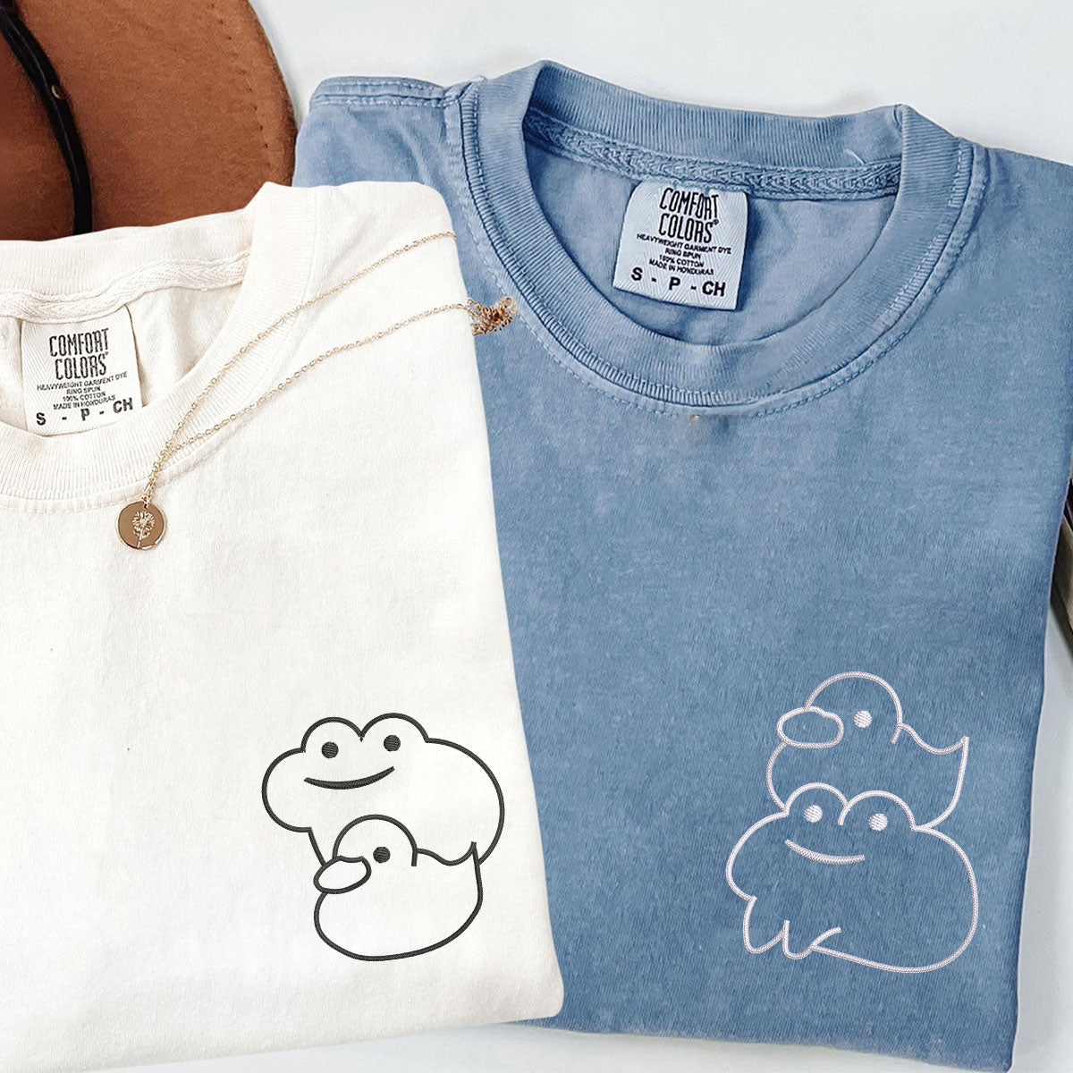 Custom Embroidered Froggy and Ducky Matching T-shirts for Couples