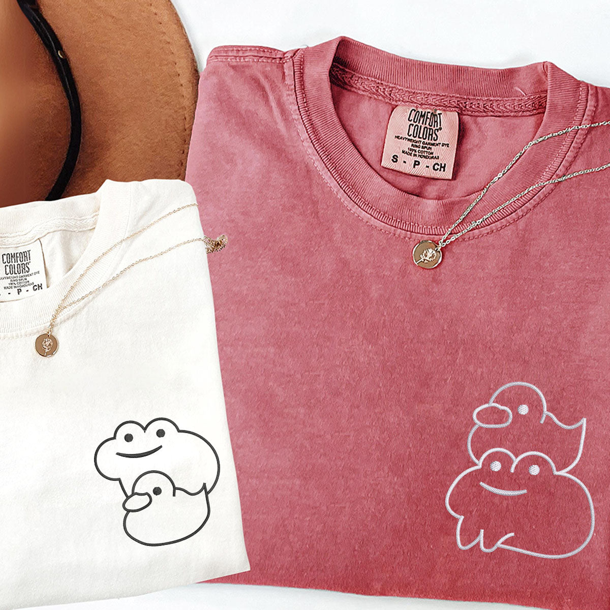 Custom Embroidered Froggy and Ducky Matching T-shirts for Couples