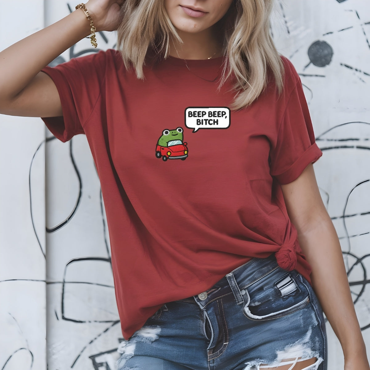 Custom Embroidered Funny Beep Beep Frog T-shirt - Cute Embroidered Car Tee