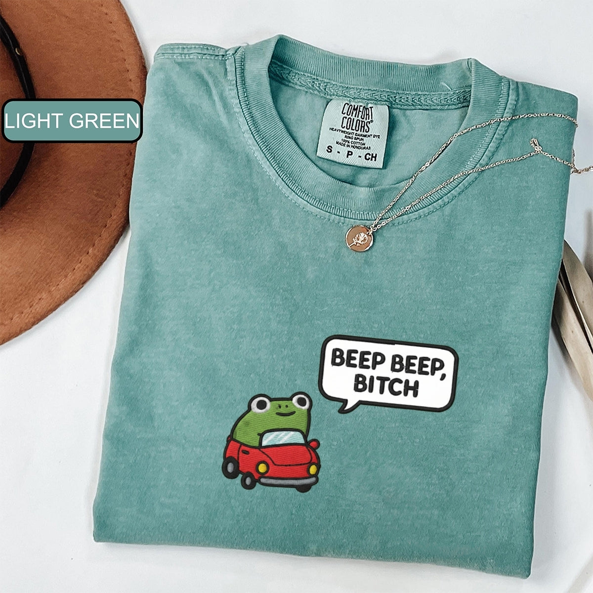 Custom Embroidered Funny Beep Beep Frog T-shirt - Cute Embroidered Car Tee