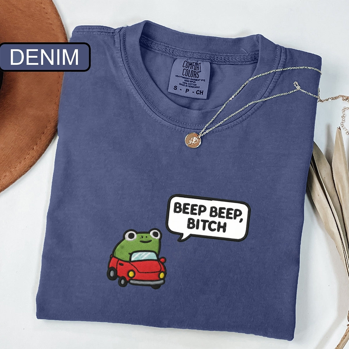 Custom Embroidered Funny Beep Beep Frog T-shirt - Cute Embroidered Car Tee
