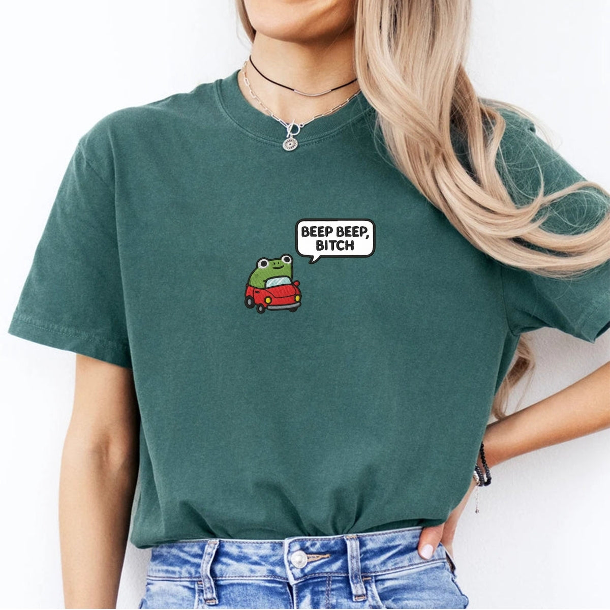 Custom Embroidered Funny Beep Beep Frog T-shirt - Cute Embroidered Car Tee