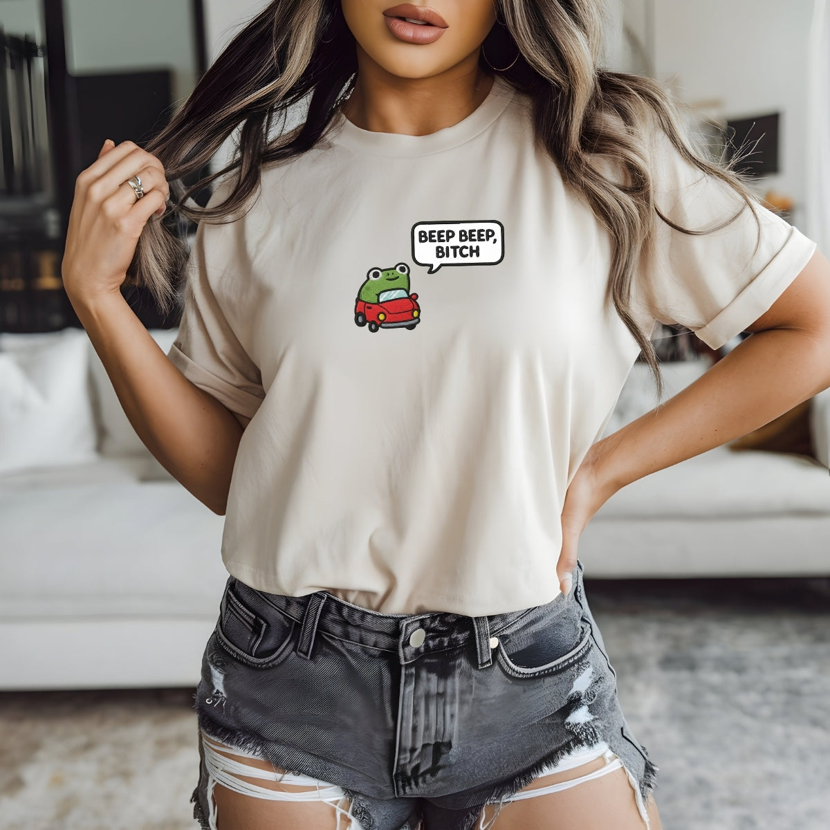 Custom Embroidered Funny Beep Beep Frog T-shirt - Cute Embroidered Car Tee